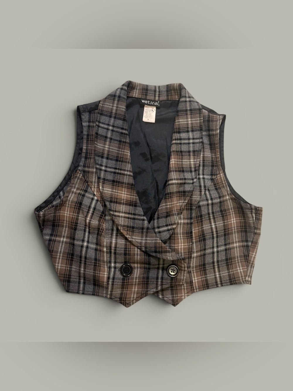 Y2K Wet Seal Women’s Size Medium Gray and Brown Plaid Cropped Vest